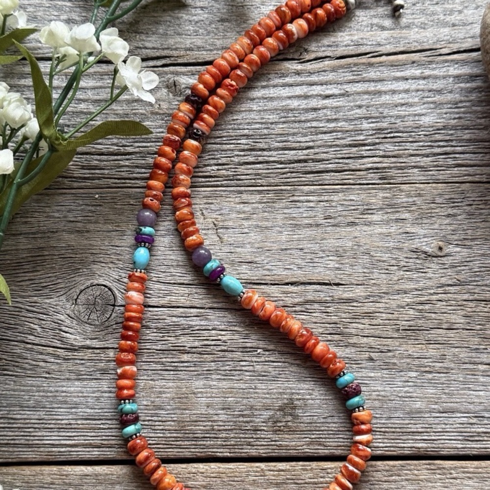 Orange Spiny Oyster Multi Stone Color Sterling Silver Bead Necklace 18 inch Gift - Picture 4 of 12